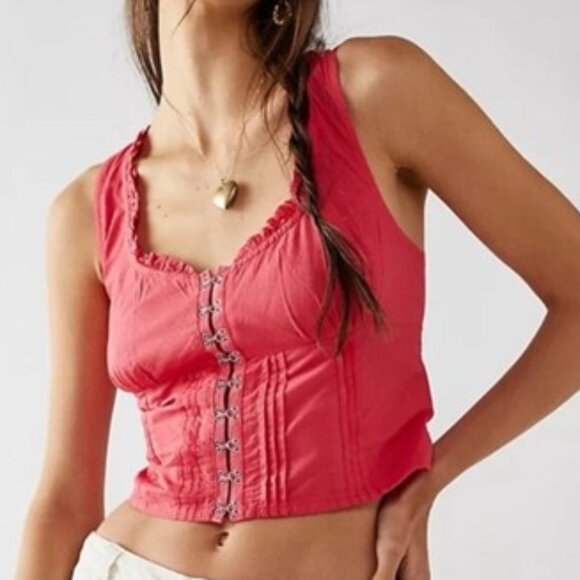 Sim & Sam Corset Crop Tank Top Smocked Back Ruffle Neck Sleeveless Red Size XL - Picture 1 of 7